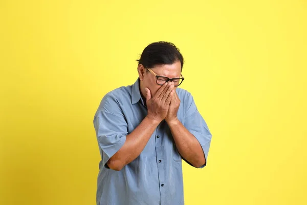 Adult Asian Man Blue Shirt Standing Yellow Background — Stok fotoğraf