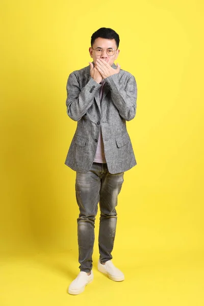 Asian Lgbtq Man Grey Blazer Standing Yellow Background — Stock Photo, Image