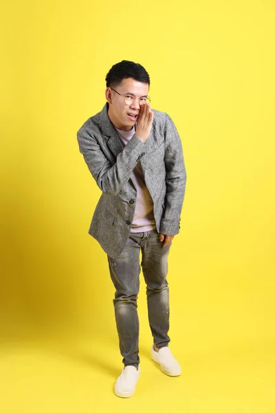 Asian Lgbtq Man Grey Blazer Standing Yellow Background — Foto de Stock