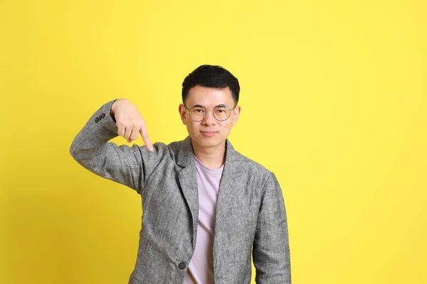 Asian Lgbtq Man Grey Blazer Standing Yellow Background — Stok fotoğraf