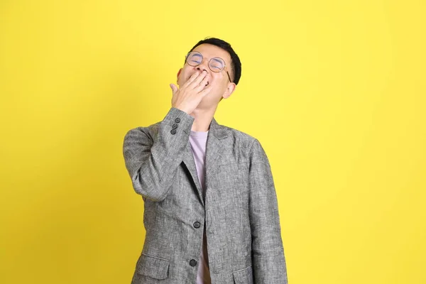 Asian Lgbtq Man Grey Blazer Standing Yellow Background — Stock fotografie