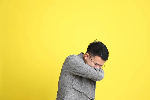 Asian Lgbtq Man Grey Blazer Standing Yellow Background — Stok fotoğraf