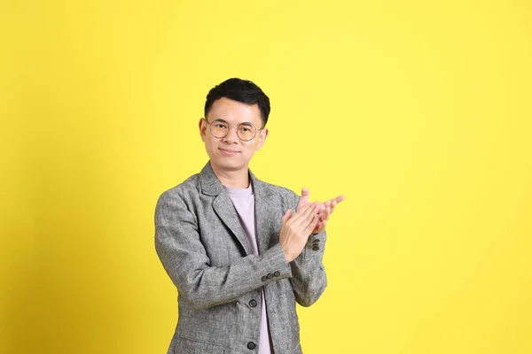 Asian Lgbtq Man Grey Blazer Standing Yellow Background — Stockfoto