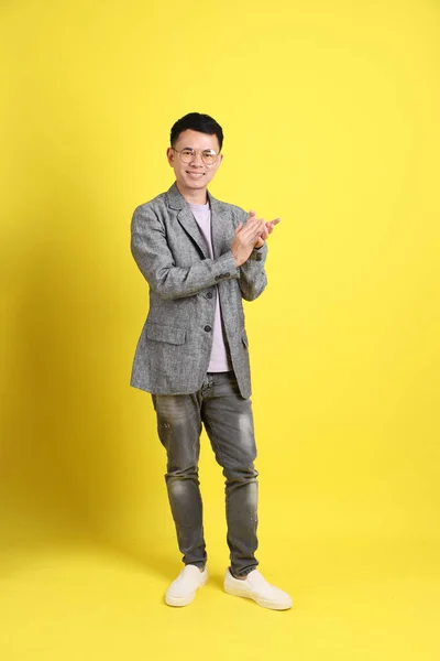 Asian Lgbtq Man Grey Blazer Standing Yellow Background — Stock Photo, Image