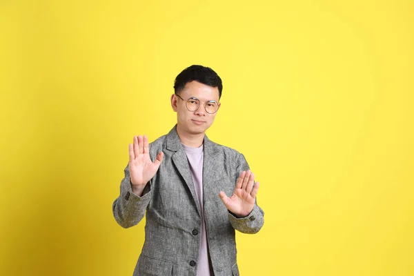 Asian Lgbtq Man Grey Blazer Standing Yellow Background — Stockfoto