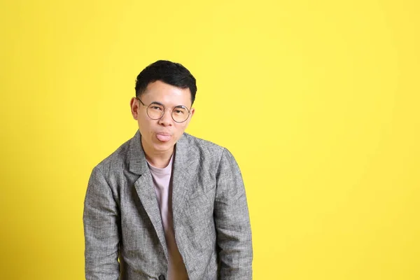 Asian Lgbtq Man Grey Blazer Standing Yellow Background — Fotografia de Stock