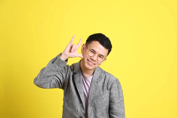 Asian Lgbtq Man Grey Blazer Standing Yellow Background — Stok Foto