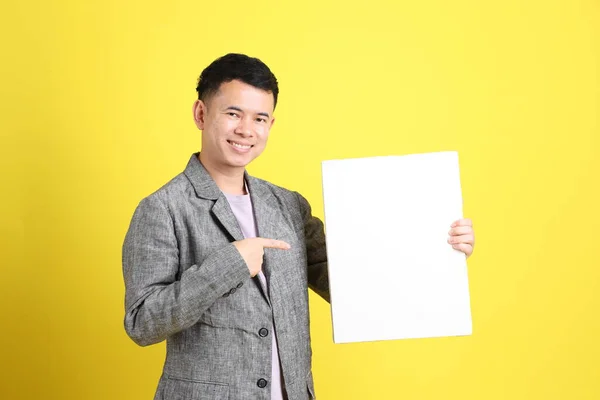 Asian Lgbtq Man Grey Blazer Standing Yellow Background — Stockfoto