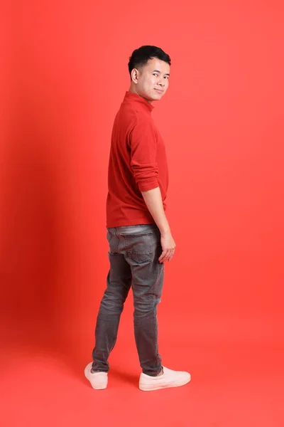 Asian Lgbtq Man Red Shirt Standing Orange Background — Foto Stock