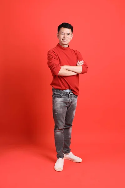 Asian Lgbtq Man Red Shirt Standing Orange Background — Stockfoto