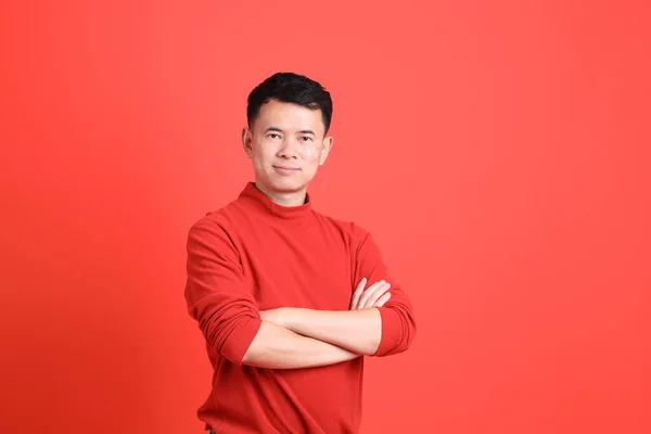 Asian Lgbtq Man Red Shirt Standing Orange Background — Stockfoto
