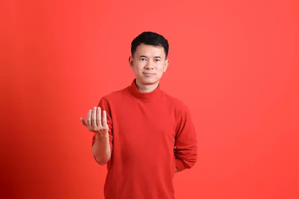 Asian Lgbtq Man Red Shirt Standing Orange Background — ストック写真