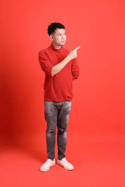 Asian Lgbtq Man Red Shirt Standing Orange Background — Photo