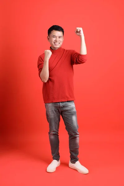 Asian Lgbtq Man Red Shirt Standing Orange Background — 스톡 사진