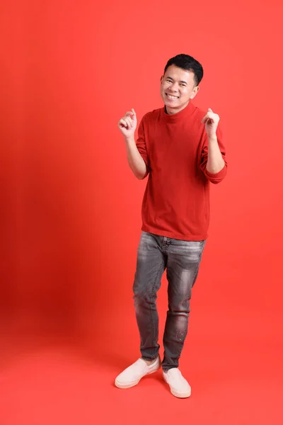 Asian Lgbtq Man Red Shirt Standing Orange Background — ストック写真