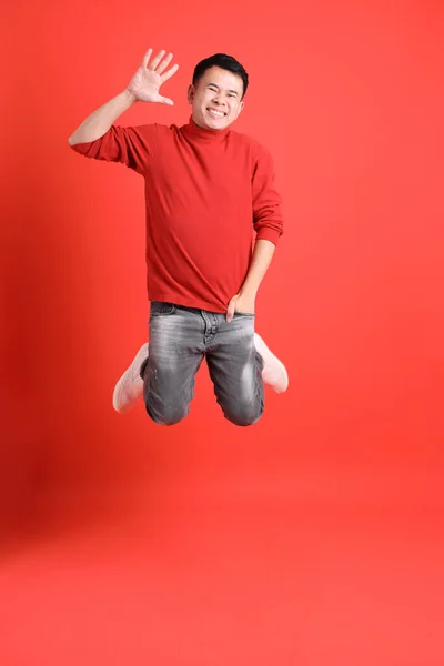 Asian Lgbtq Man Red Shirt Standing Orange Background — Foto de Stock