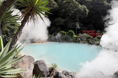 Beppu, Japan - July 22, 2022: Jigoku Meguri the hot spring is famous landmark located in Kyushu, Japan.