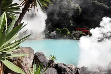 Beppu, Japan - July 22, 2022: Jigoku Meguri the hot spring is famous landmark located in Kyushu, Japan.