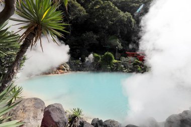 Beppu, Japan - July 22, 2022: Jigoku Meguri the hot spring is famous landmark located in Kyushu, Japan.