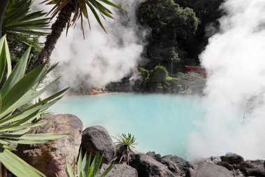Beppu, Japan - July 22, 2022: Jigoku Meguri the hot spring is famous landmark located in Kyushu, Japan.