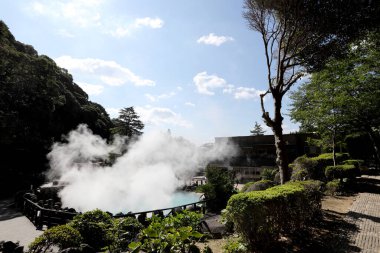 Beppu, Japan - July 22, 2022: Jigoku Meguri the hot spring is famous landmark located in Kyushu, Japan.
