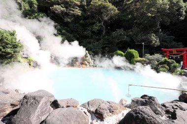 Beppu, Japan - July 22, 2022: Jigoku Meguri the hot spring is famous landmark located in Kyushu, Japan.
