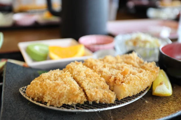 Crispy Deep Fried Pork Named Donkatsu Served Japanese Rice Miso — Stok fotoğraf