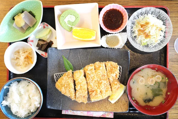 Crispy Deep Fried Pork Named Donkatsu Served Japanese Rice Miso — Stock Photo, Image