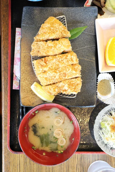 Crispy Deep Fried Pork Named Donkatsu Served Japanese Rice Miso — Stok fotoğraf