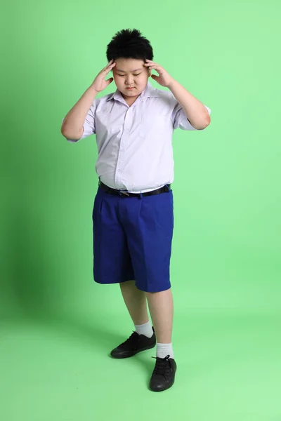 Asian Boy Student Uniform Green Background — Stock Photo, Image