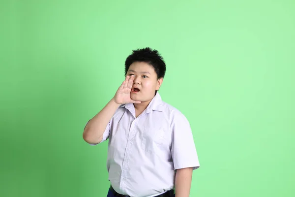 緑の背景に学生制服を着たアジアの少年 — ストック写真