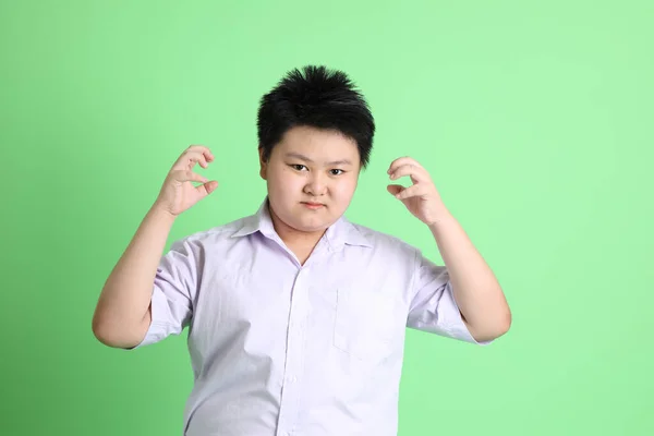 Yeşil Arka Planda Öğrenci Üniformalı Asyalı Çocuk — Stok fotoğraf