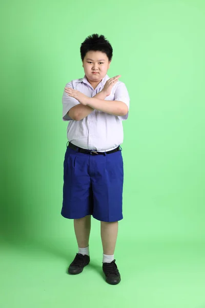 Asian Boy Student Uniform Green Background — Stock Photo, Image