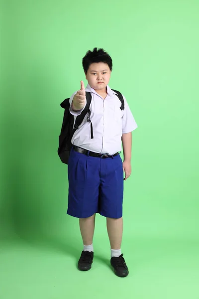 Asian Boy Student Uniform Green Background — Stock Photo, Image