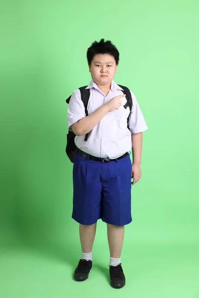 Asian Boy Student Uniform Green Background — Stock Photo, Image