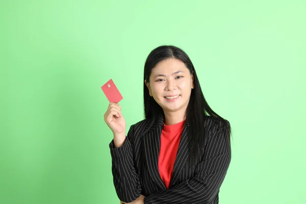 Asian Businesswoman Standing Pastel Green Background — Zdjęcie stockowe