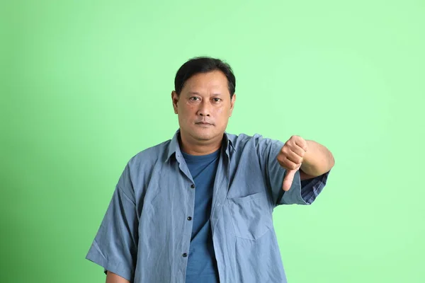 40S Adult Overweight Asian Man Standing Green Background — Stock Photo, Image