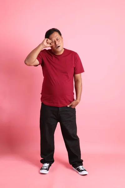Anos Adulto Acima Peso Asiático Homem Sobre Fundo Rosa — Fotografia de Stock