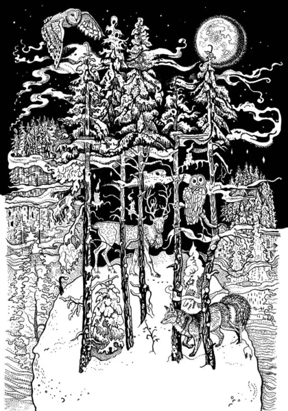 魔法の冬の森。トウヒ、モミの木、雪、月、動物:フクロウ、シカ、キツネ。北のおとぎ話。クリスマス、新年の挨拶カード、着色ページ. — ストック写真