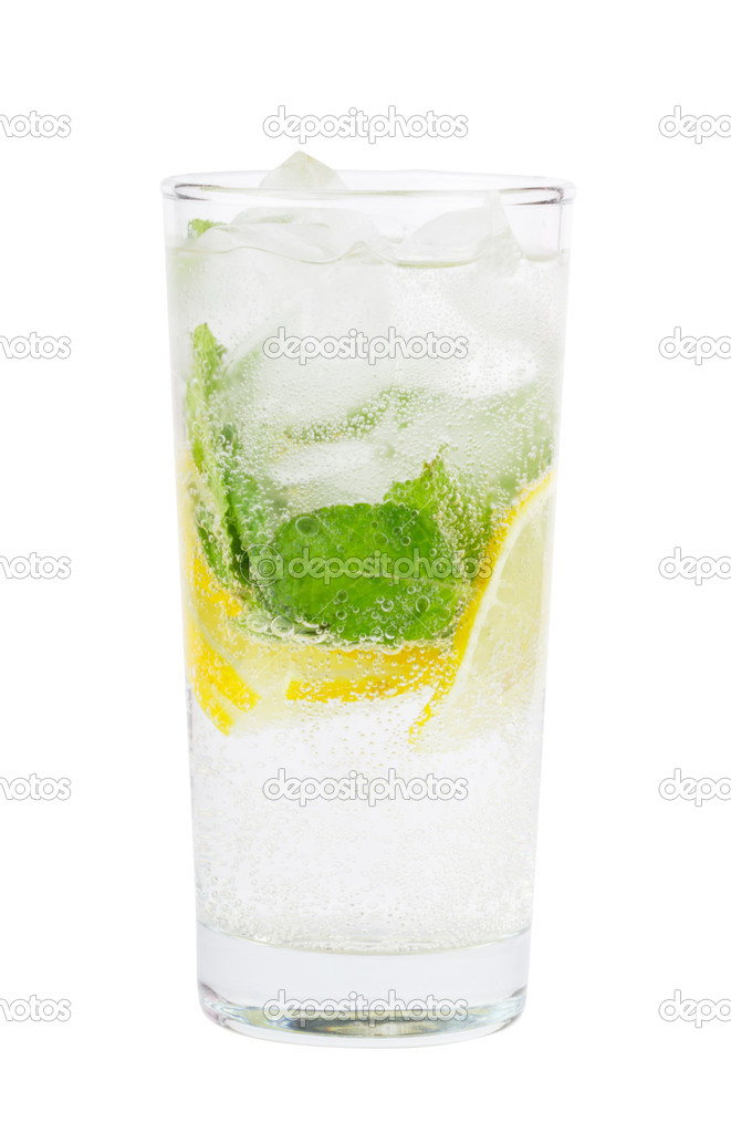 Club soda with lemon and mint isolated on white