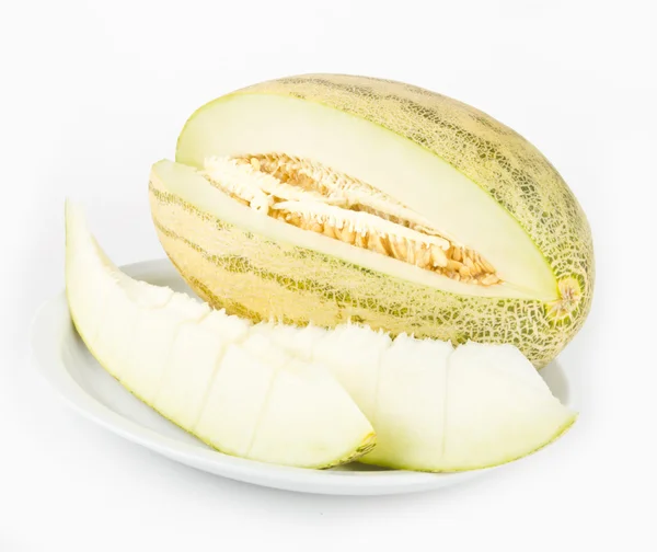 Fresh ripe juicy melon with cuts on white — Stock Photo, Image