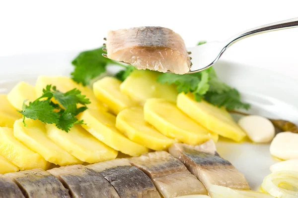 Gedeelte van haring visfilets met aardappelen en UI — Stockfoto