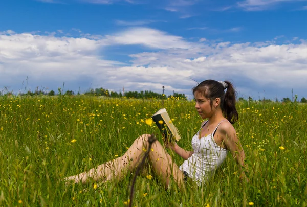 Jeune femme lisant un livre sur une prairie — Photo