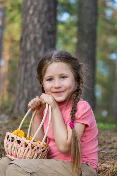 Dziewczynka odebrać grzybów w lesie — Zdjęcie stockowe