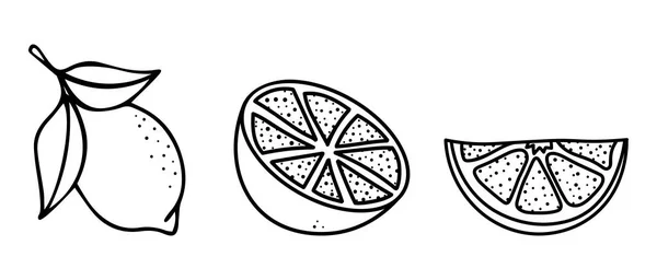 Limon simgeleri ayarlandı. Basit bir tasarım. Limon simgeleri. Kartpostal, logo, ikon, web için Citrus tasarım ögesi. Beyaz arkaplanda karalama biçiminde vektör illüstrasyonuName.