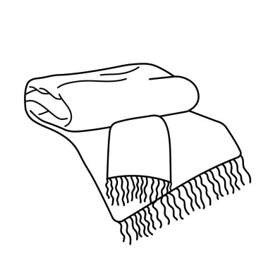 Soğuk sonbahar havası için sıcak yün ekose. Beyaz arkaplanda karalama tarzında vektör illüstrasyonu izole edildi. Ekose, battaniye eskiz ikonu. İç mekan, rahat ev, sıcaklık, mevsimsel element tasarımı.