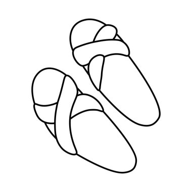 Üst manzara terliği, ayakkabılar. Beyaz arkaplanda karalama tarzında vektör illüstrasyonu izole edildi. Balneo, spa, otel, ev terlikleri. Yerli Terlikler.