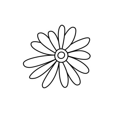 Daisy çiçek ikonu çizgisi. Bitki çayı. Tasarım, logo, kartpostal, dekor için papatya çayı çizimi. Arkaplanda karalama tarzında vektör illüstrasyonu izole edildi. Boyama kitabı.