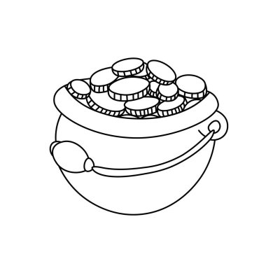 Paralı çizgi film kazanı. Patricks Günü için altın sikkeli esrar. Arkaplanda karalama tarzında vektör illüstrasyonu izole edildi. Kartlar, pankartlar, posterler, dekorlar, tasarım için yazdır.