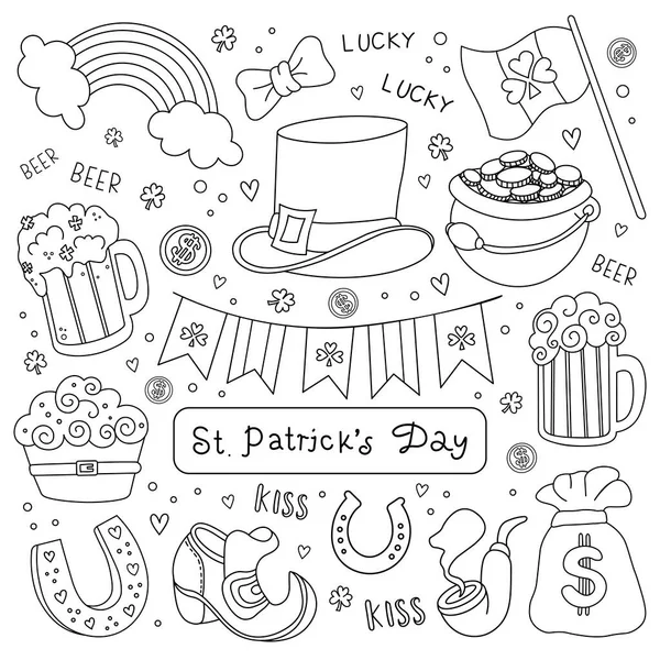 Handzeichnen Patricks Day Set Vektor Illustration Doodle Stil Isoliert Auf Stockvektor